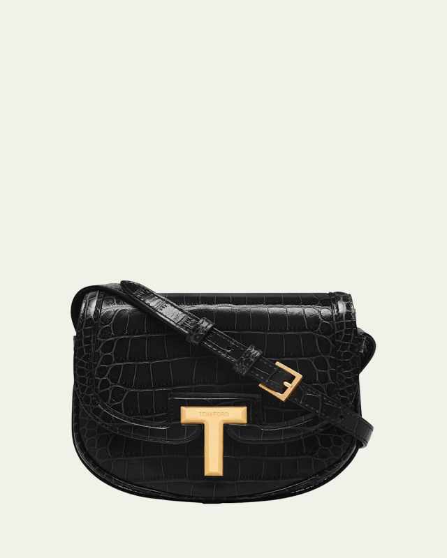 Wallis Mini Flap Shoulder Bag in Shiny Croc-Embossed Leather